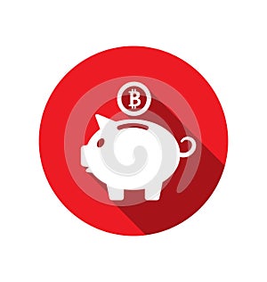 Flat Icons of Piggy Bank Concept with Bitcoin BTC, Bit-Coin , Long Shadow Style