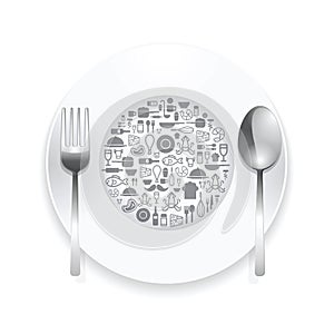 Flat Icons plate,foods concept vector illustration.