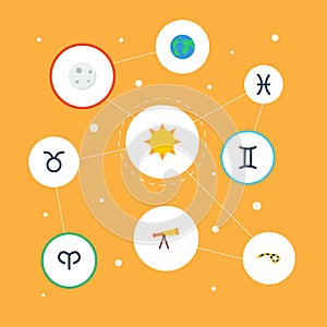 Flat Icons Ram, Lunar, Fishes And Other Vector Elements. Set Of Astronomy Flat Icons Symbols Also Includes Fishes, Sun