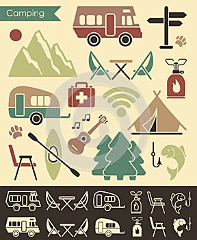 Flat icons in retro style on the theme of camping and outdoor recreation