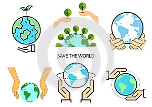 Flat icons for save the world,hands,trees,vector illustrations