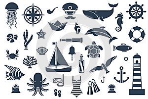 Flat icons with sea creatures and symbols