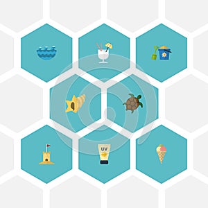 Flat Icons Sea, Tortoise, Shell And Other Vector Elements. Set Of Summer Flat Icons