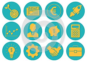 Flat icons set,business,rocket,briefcase,gear,calculator,target,graph,businessman,piggy bank,newspaper,handshake,light bulb,vector
