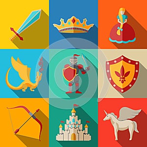 Flat icons set, fairytale, game - sword, bow