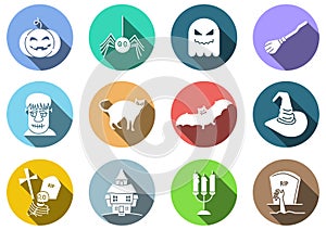 Flat icons set of Halloween,witch hat,pumpkin,ghost,witch broom,cat,bat,candle,spider,tombstone,house,zombie,Hand reaching from