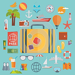 Flat icons set with long shadow effect of traveling on airplane, planning a summer vacation, tourism and journey objects and pass