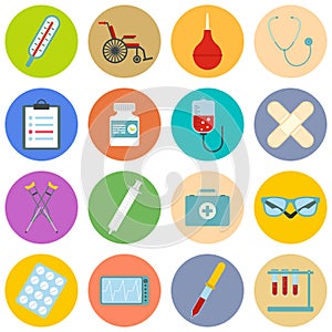 Flat icons set of medical tools and healthcare equipment