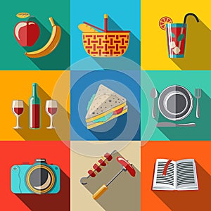 Flat icons set, picnic - basket, plate, spoon photo