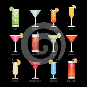 Flat icons set of popular alcohol cocktail on black background.