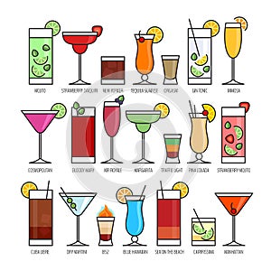 Flat icons set of popular alcohol cocktail on black background.