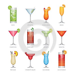 Flat icons set of popular alcohol cocktail. Flat design style,