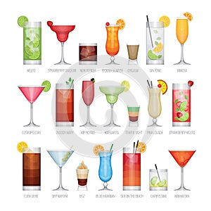 Flat icons set of popular alcohol cocktail. Flat design style,