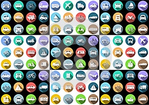 Flat icons set, transportation, Airplane, Car, Truck, Bus, Train, Bicycle,Car front,Motorcycle,Pickup truck,Boat,vector