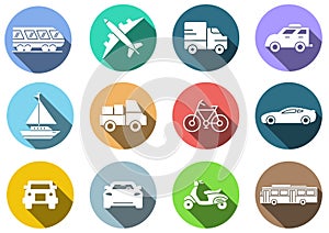 Flat icons set, transportation, Airplane, Car, Truck, Bus, Train, Bicycle,Car front,Motorcycle,Pickup truck,Boat,vector