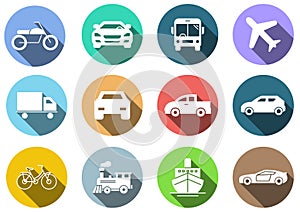 Flat icons set, transportation, Airplane, Car, Truck, Bus, Train, Bicycle,Car front,Motorcycle,Pickup truck,Boat,vector