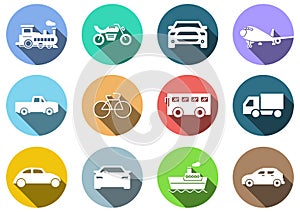 Flat icons set, transportation, Airplane, Car, Truck, Bus, Train, Bicycle,Car front,Motorcycle,Pickup truck,Boat,vector