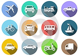 Flat icons set, transportation, Airplane, Car, Truck, Bus, Train, Bicycle,Car front,Motorcycle,Pickup truck,Boat,vector