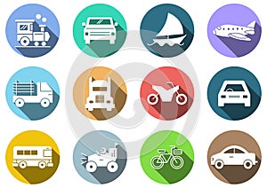 Flat icons set, transportation, Airplane, Car, Truck, Bus, Train, Bicycle,Car front,Motorcycle,Pickup truck,Boat,vector