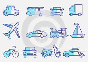 Flat icons set,transportation,Airplane,Car,Truck,Bus,Train,Bicycle,Car front,Motorcycle,Pickup truck,Boat,vector illustrations