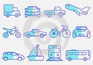 Flat icons set,transportation,Airplane,Car,Truck,Bus,Train,Bicycle,Car front,Motorcycle,Pickup truck,Boat,vector illustrations