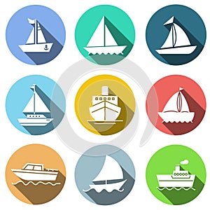 Flat icons set, transportation, Boat and shadow, vector illustrations