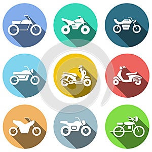 Flat icons set, transportation, Motorcycle and shadow, vector illustrations