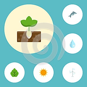 Flat Icons Sunshine, Water, Playful Fish And Other Vector Elements. Set Of Nature Flat Icons Symbols Also Includes Wind