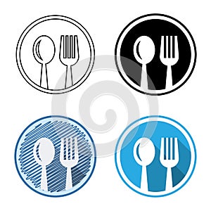 Flat icons, thin line icons, solid icons for spoon and fork, vector illustrations