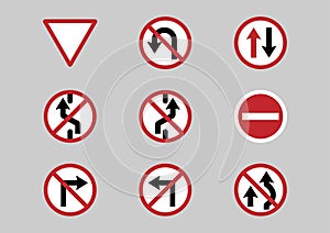 Flat icons for Traffic sign,Give Way,No U-Turn,No Left Turn,No Right Turn,No Overtaking,No changing lane,No entry,vector