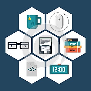 Flat icons vector collection of programming and coding objects.