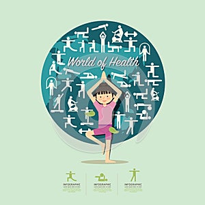 Flat Icons with yoga girl character design infographic,health.