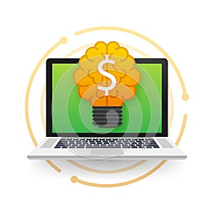 Flat idea for concept design. Lightbulb icon on laptop screen. Idea, solution, business, strategy concept. Vector stock