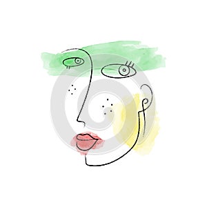 Abstract face. Hand drawn woman portrait in trendy minimalistic style. Charcoal line. Watercolor spots.