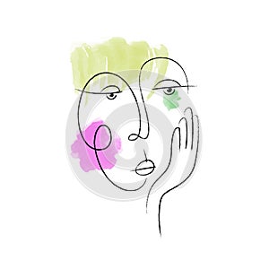 Abstract face. Hand drawn woman portrait in trendy minimalistic style. Charcoal line. Watercolor spots.