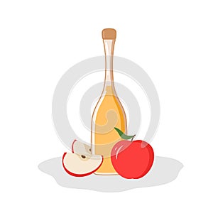 Flat illustration of apple cider vinegar or wine. Illustration of a composition of vinegar or wine in a bottle and apples. Natural