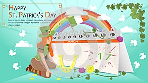 Flat illustration banner for decorating designs on the theme of St. Patricks Day A girl kneels in front of a golden lucky