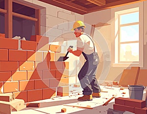 Flat illustration of brick mason at work