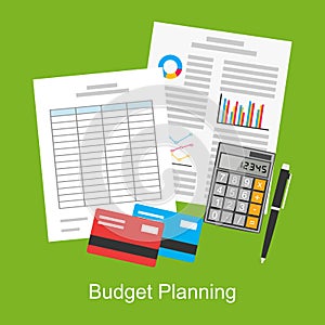 Flat illustration of budget planning, market analysis, financial accounting.