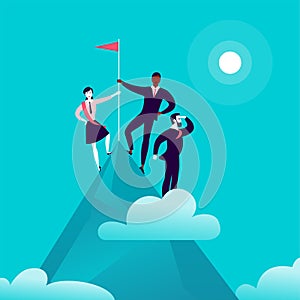 Flat illustration with business people standing on mountain peak top holding flag on blue clouded sky background.