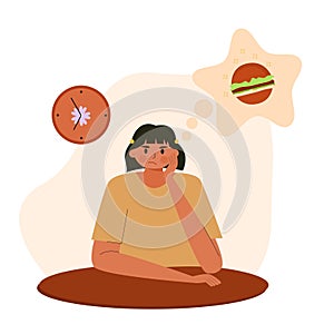 Flat Illustration Character of girl feeling hungry and thinking about food. Teenager girl thought about burger when ramadan.