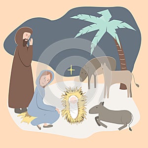 Flat illustration Christian Nativity scene. Virgin Mary, Jesus Christ, Joseph, animals, Bethlehem night and star. Merry