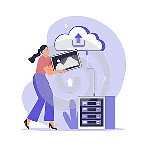 Flat Illustration of Cloud Upload Process for Data Storage and Backup