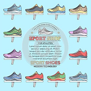 Flat illustration collection set of sneakers running, walking, shopping, style backgrounds. Vector concept elements icons.