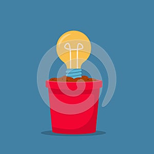 Flat  illustration: concept of idea creation, creative process. A light bulb in a flower pot.