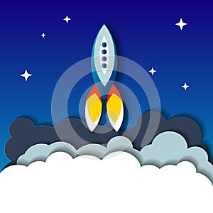 Flat illustration concept of space rocket ship startup on dark background of mountains and starry sky.