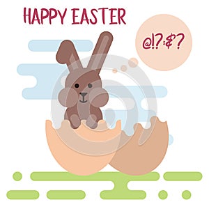 Flat illustration of confused easter bunny in the cracked egg shell.