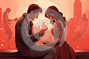 Flat illustration of a couple chatting online with smartphone are dating. Online love search concept