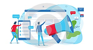 Flat illustration design concept website promoting for digital marketing business web landing banner background