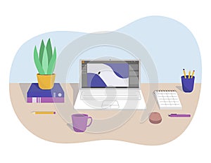 Flat illustration of a desktop in the office or a freelancer from home